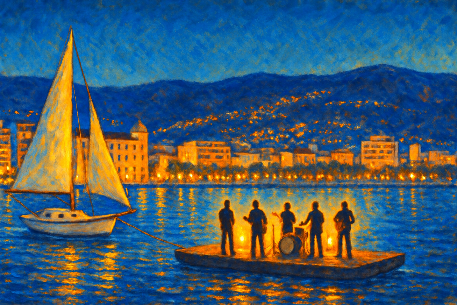 Painted Volos waterfront at dusk, with a sailboat and musicians performing on the water